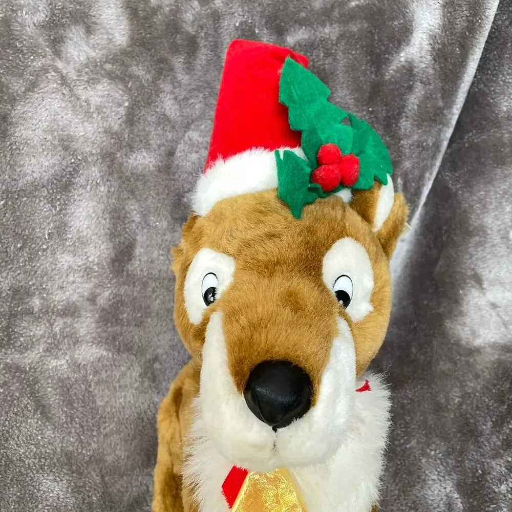 Vintage Reindeer Plush Christmas Stuffed Animal Wearing Santa Hat Toy TAGS